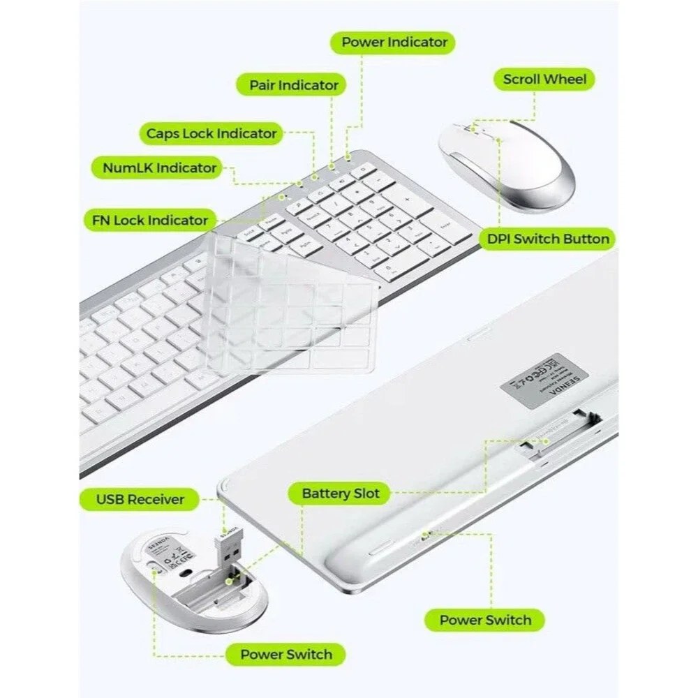 Combo Wireless Keyboard & Mouse, Slim Thin, Quiet, Full-Size Adjustable DPI 2.4G